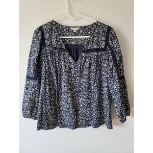 Lucky Brand Blue and White Boho Shirt with lace Detail Women Medium